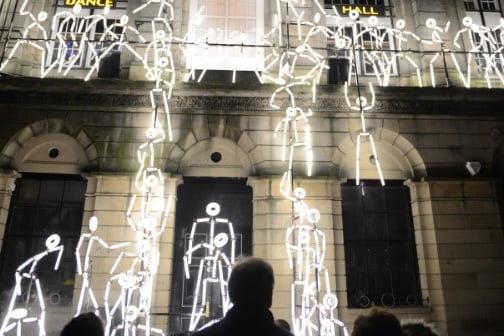 Illuminated stickmen dancing to a soundtrack performed by one of Durham's Brass Bands 10 years ago.
