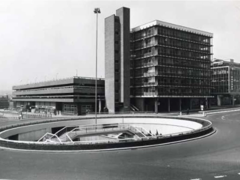 The roundabout and underpass at Furnival Square, in Sheffield city centre, pictured in 1969, with the Eyre Street multi storey car park and (right) Furnival House offices visible