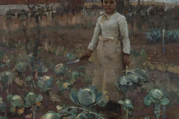 Sir James Guthrie was born in Greenock but studied and worked alongside the Glasgow Boys in town. The painting shows a small girl who has just straightened up after cutting a cabbage and looks directly at the viewer. Girl and landscape seem inextricably merged in this essentially Scottish scene. A hind was a skilled farm labourer, and cabbage (or kail) a staple diet of Scottish hinds and their families. Guthrie painted the picture in the Berwickshire village of Cockburnspath, where he opted to stay during the winter, unlike his Glasgow friends who returned to the city at the end of the summer.
