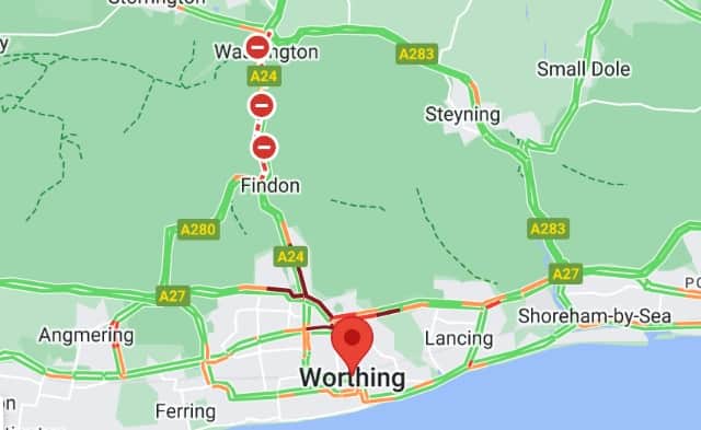 Gridlocked traffic has been reported in Worthing after the closure of the A24 following a serious collision 