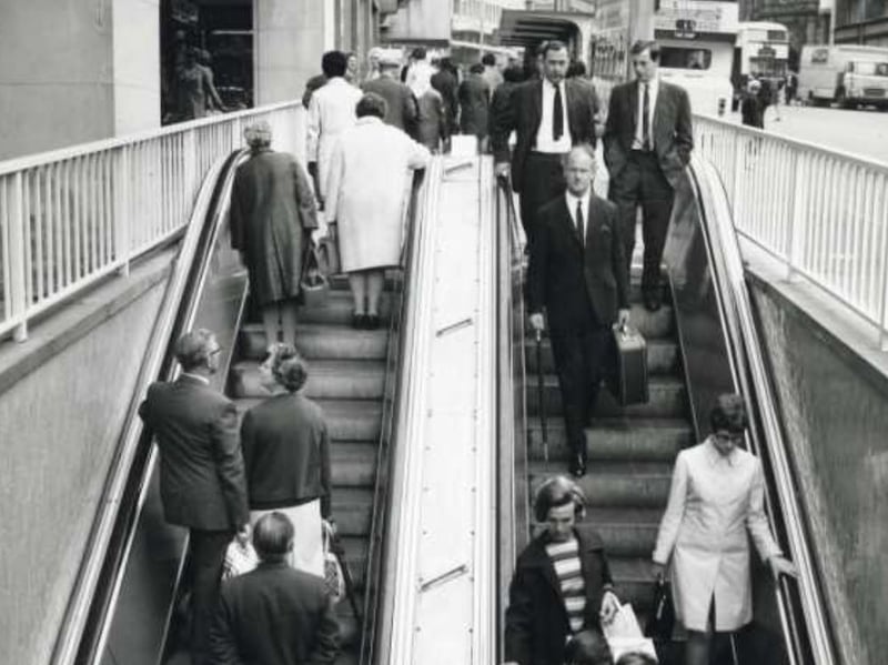 The escalators from High Street, Sheffield, down to the Hole in the Road underpass, pictured in 1969