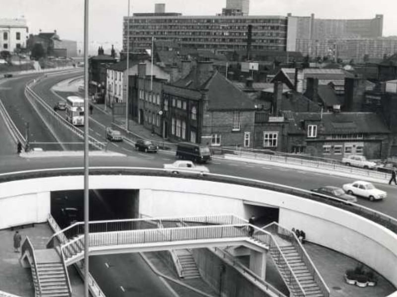 The roundabout and underpass at Furnival Square, Sheffield, in 1969, looking towards (top left) Arundel Gate