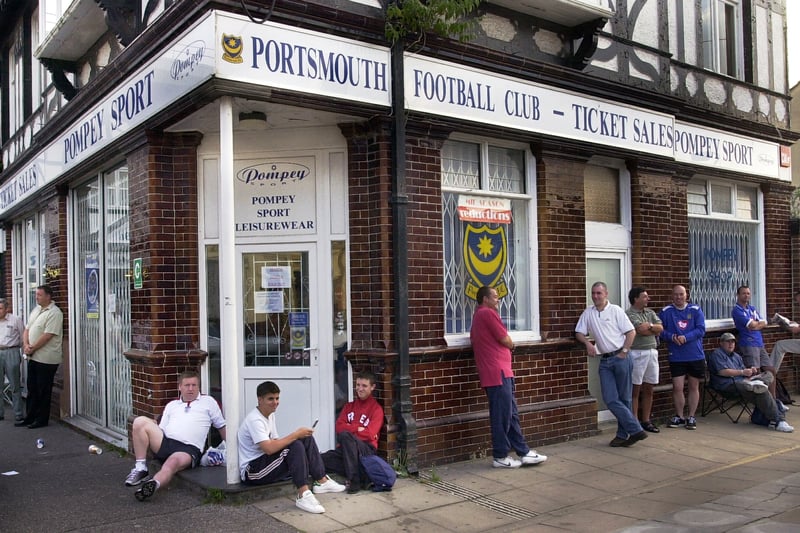 Early-rising Pompey fans queue for Pompey tickets outside the old ticket office on Frogmore Road in August 2003