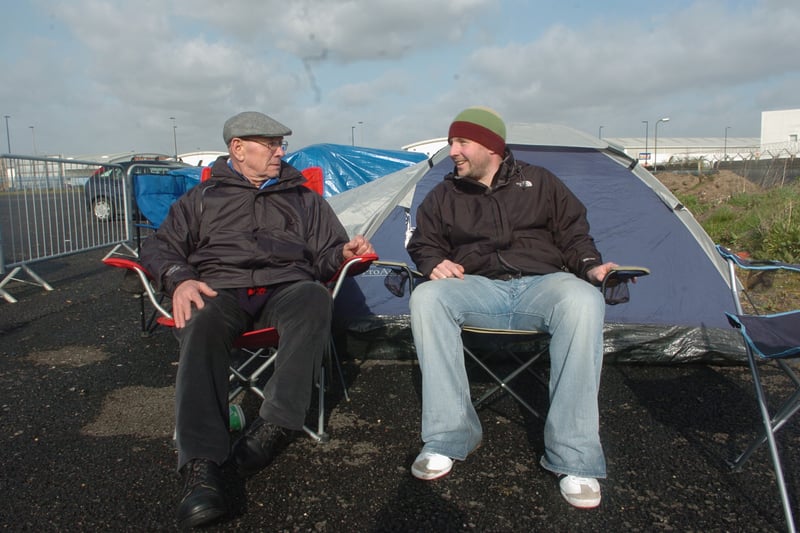 John Crawford, from Baffins, and Scott Shaw, from Portsmouth, queue for FA tickets at Fratton Park in April 2008.