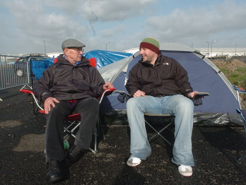 John Crawford, from Baffins, and Scott Shaw, from Portsmouth, queue for FA tickets at Fratton Park in April 2008.