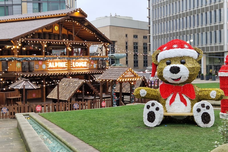 The Peace Gardens with its giant decorations and the Alpine Lodge bar. Did you know the decorations play noises and tunes when you sit in them?