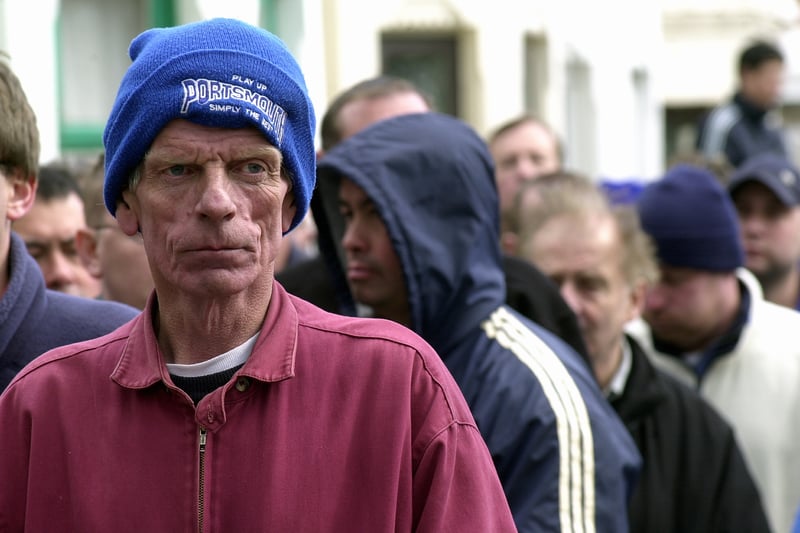 In 2003, Pompey fan of 48 years, John Withers, from Gosport, waits with other fans in the ticket queue at Fratton Park hoping to obtain tickets for the end of the season Bradford game. This picture was taken at 12.50pm and Mr withers had been in the queue since 5.30am.
