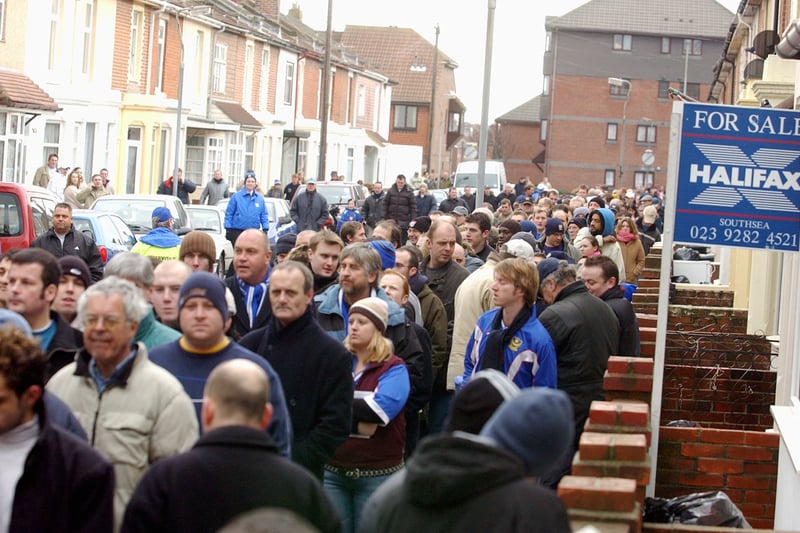 Pompey fans queue for FA Cup tickets for the Blues' replay against Liverpool in February 2004.