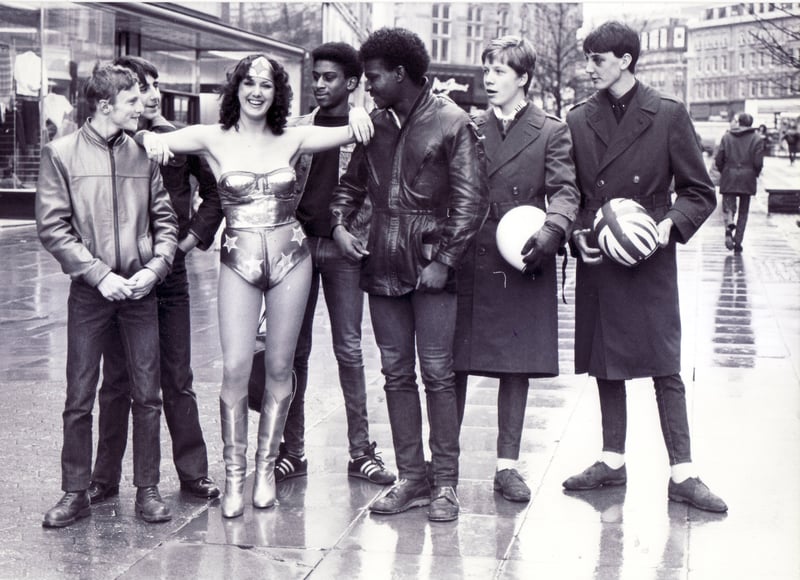 Jan Lesley, Sheffield singer, pictured on Fargate, in  Sheffield city centre, in March 1982, dressed as Wonder Woman