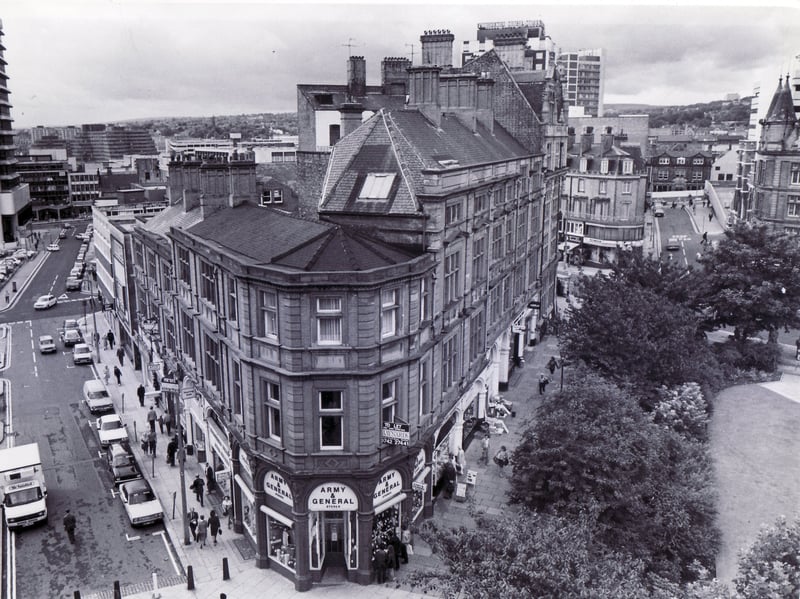 St Paul's Parade, Sheffield, in August 1982, with the Army & General store on the corner