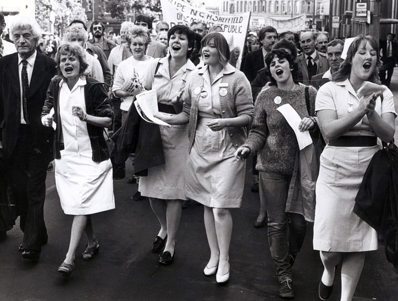 Nurses march through Sheffield during the health workers strike in September 1982