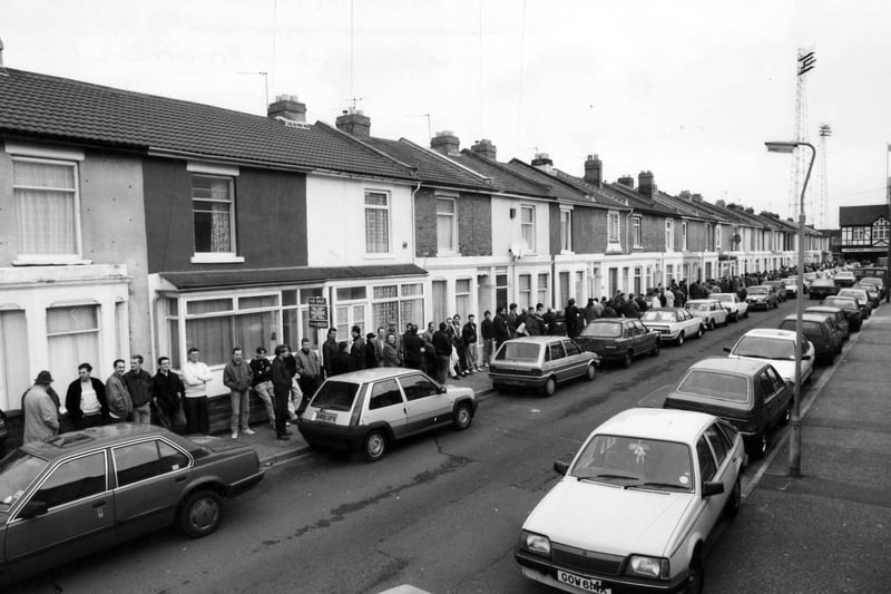 Portsmouth fans form a down Frogmore Road on March 3, 1992.