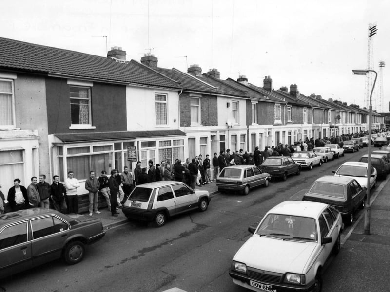 Portsmouth fans form a down Frogmore Road on March 3, 1992.