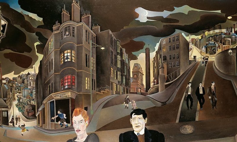 Alasdair Gray studied at the Glasgow School of Art and wrote the critically acclaimed novel, Lanark. He spent a lot of time in university around Cowcaddens, and even included a scene set in the Cowcaddens play park in his seminal novel. The most interesting part of this painting is the three vanishing points on different levels, showing an incredible technical artistic proficiency.