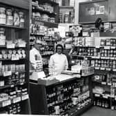 Cyril Wall, left, manager, and John Knight at the Wicker Herbal Stores, in Sheffield, on February 10, 1982