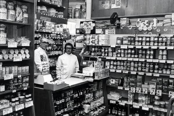 Cyril Wall, left, manager, and John Knight at the Wicker Herbal Stores, in Sheffield, on February 10, 1982