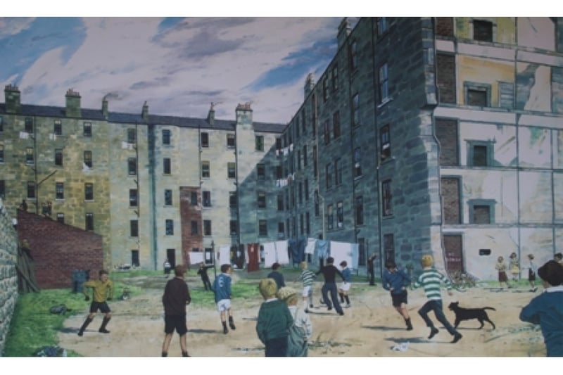 The painting depicts young boys playing in the back courts of Glasgow's tenements. It gets across the idea that the hatred brought forth in the Old Firm is a learned older behaviour, it portrays the innocence and simplicity of a group of young boys having a kick-about together, free of the animosity brought forth by their religion or preferred colour of football top.