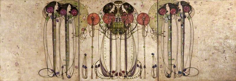 Done by none other than Glasgow's most famous artist and architect, Charles Rennie Mackintosh. The man defined the artistic scape for the Glasgow Style up until this very day. This painting was made for The Ladies’ Luncheon Room at Miss Cranston’s Ingram Street Tearooms. It was made for The Ladies’ Luncheon Room at Miss Cranston’s Ingram Street Tearooms.