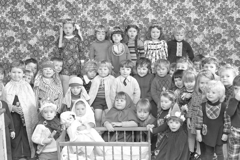 Children of Gorse Road Nursery School all dressed up for their Nativity in 1974.