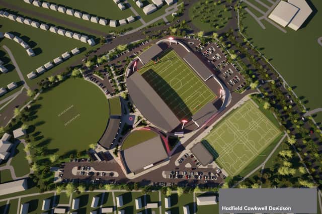 A bird's eye view of the new stadium proposed by Sheffield FC and Sheffield Eagles at Meadowhead