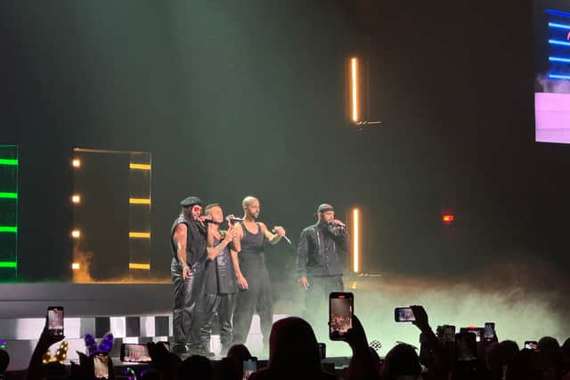 The boys of JLS - Aston Merrygold, Oritsé Williams, Marvin Humes, and JB Gill - all on stage at Sheffield Utilita Arena on November 11.