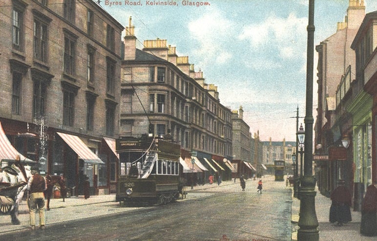 An old postcard of Byres Road postmarked 1910 which still looks recognisable over 100 years on. 