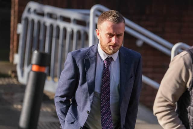 Dale Houghton arrives at Sheffield Magistrates court for sentencing after taunting Sunderland fans with an image of Bradley Lowery at a Sheffield Wednesday game at Hillsborough.