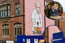 Pete McKee's famous 'Muriel' mural on Carver Street, Sheffield, is back, after being covered up by mobile buildings (inset)