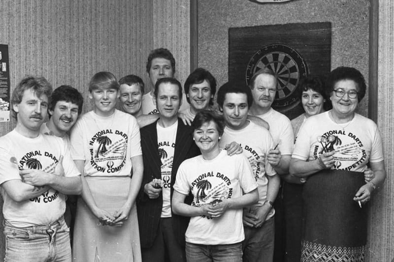 Players at the Dolphin who held a sponsored 24 hours darts marathon in 1984.