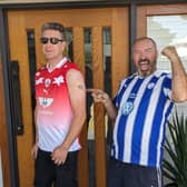 Barnsley fan Mark Myers (left) with his Owls tattoo which he got after losing a bet with his Sheffield Wednesday-supporting friend Steve Gosling (right)