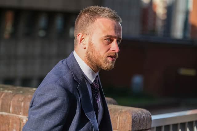 Dale Houghton arrives at Sheffield Magistrates court for sentencing after taunting Sunderland fans with an image of Bradley Lowery at a Sheffield Wednesday game at Hillsborough