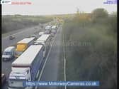 The driver of a lorry has been taken to hospital after crashing into the central reservation of the M18.