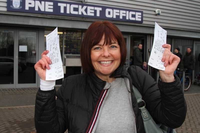 A happy Preston North End fan with her two tickets for PNE v Man Utd in the 2015 FA Cup