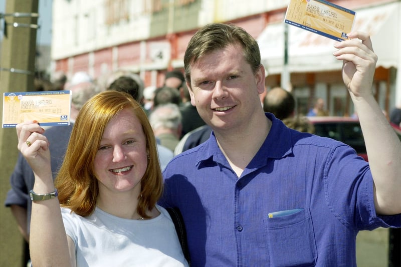 Blackpool supporters Angela Marks and James Paterson with their 2000-01 play-off final tickets after a long wait at Bloomfield Road.