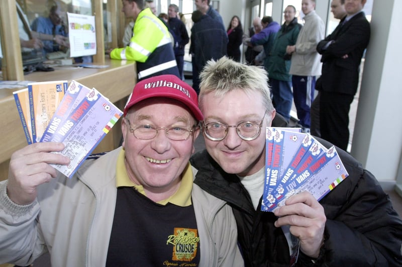 Bobby Bennett and Jimmy Nairn in the ticket office at Bloomfield Road in 2002 with their tickets for Blackpool's LDV Vans Trophy final against Cambridge United at the Millenium Stadium in Cardiff.