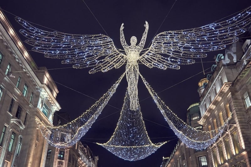 Known for its annual Christmas light display, London’s famous shopping street creates a magical atmosphere in the city with its flying angels.