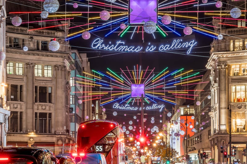 Twinkling Christmas lights and decorations elegantly illuminate one of London’s most iconic shopping streets.