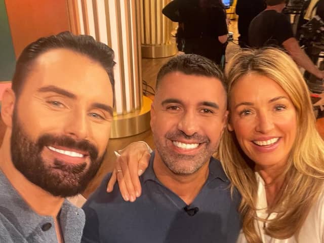 Sheffield pawnbroker Dan Hatfield with This Morning presenters Rylan Clark and Cat Deeley