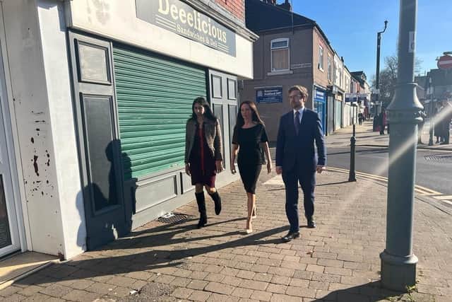 Suella Braverman photographed meeting with Sammy Woodhouse and Alexander Stafford MP in the Rother Valley constituency in April 2023.