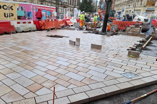First paving on Fargate gives glimpse of the future on Sheffield's premier street.
