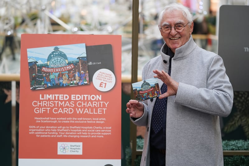 Sheffield artist Joe Scarborough with his Meadowhall charity gift cards sold at a pop-up store on Upper High Street, near Ted Baker. 