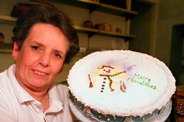 June Hall pictured at The Bakers Shop, on Howard Road, Walkley, Sheffield, in 1998 with a Christmas cake she had made