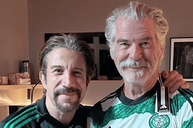 James Bond actor Pierce Brosnan showed his love for the hoops while filming upcoming Western film Unholy Trinity in Montana, wearing a Celtic strip alongside actor Gianni Capaldi and Brosnan's sons Dylan and Paris. 