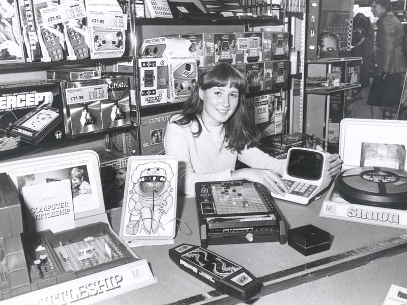 Mandy Nunn with some of the electronic games for sale at Sheffield's famous Redgates toy store in November 1979