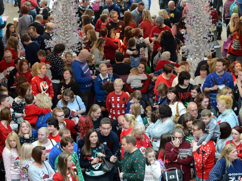 A jumperthon event takes place at Meadowhall shopping centre in 2014 as shoppers attempt to break the Guinness world record for the number of people wearing Christmas jumpers in the same place