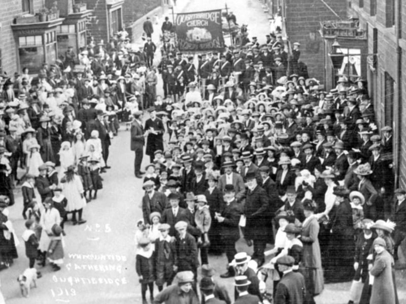 A Whitsuntide gathering in Oughtibridge, Sheffield, at the junction of Langsett Road North and Church Street, in 1913