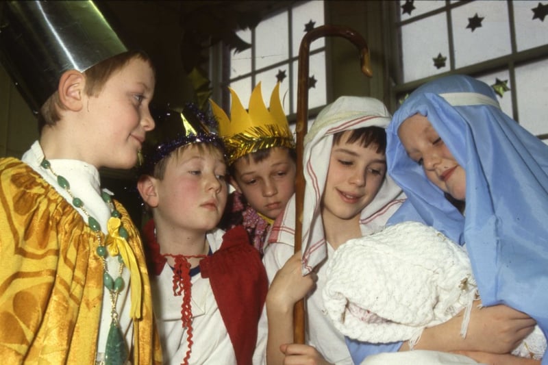 Redby Junior School's Nativity in 1987. A proud Mary and Joseph show their child to the three kings.