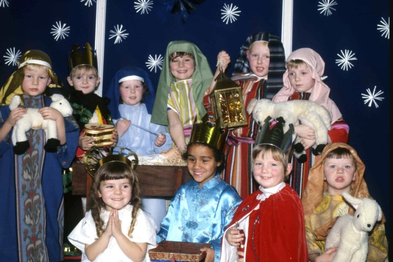 Three kings, shepherds and plenty of furry visitors in this 1985 scene from Ryhope Infants School.