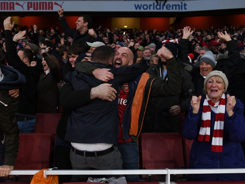 Arsenal fans celebrate a memorable 4-2 victory over Spurs with Pierre-Emerick Aubameyeng, Alexandre Lacazette and Lucas Torreira all getting a goal. (Getty Images)