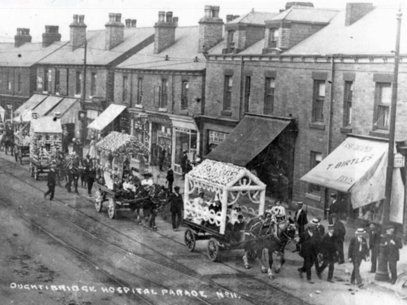 Oughtibridge Hospital Parade 
in 1915, on Middlewood Road, approaching Lepping Lane. Pictured are shops including  Tom Birtles draper, Elliott Brothers butchers, and William Rose boot and shoe repairer